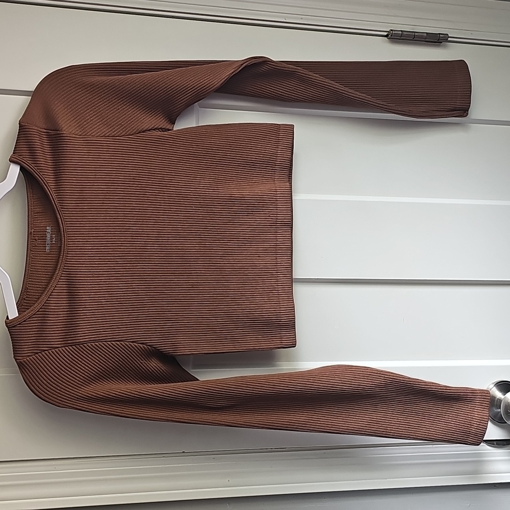 Freshwear Womens Brown Ribbed Long Sleeve Top. Stretchy, Xs-S! Buckle